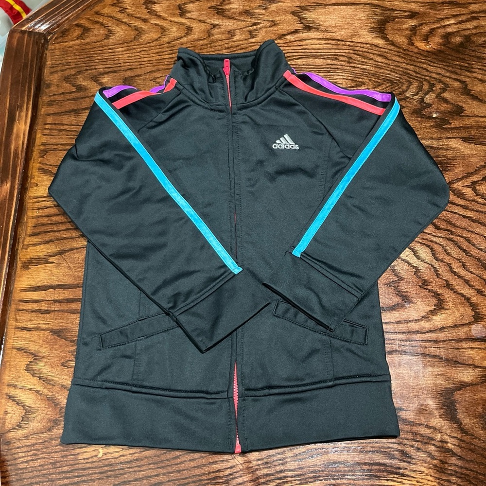 Adidas Jacket Girls Small Black Pink Blue Purple  Track Logo Full Zip Youth 6x